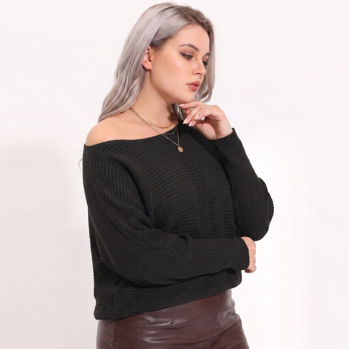 Plus Size Boat Neck Dolman Sleeve Pullover Sweater