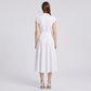 Collared Button Front Cap Sleeve Midi Shirt Dress with Pintuck Bodice Tie Waist and Flowy A Line Skirt