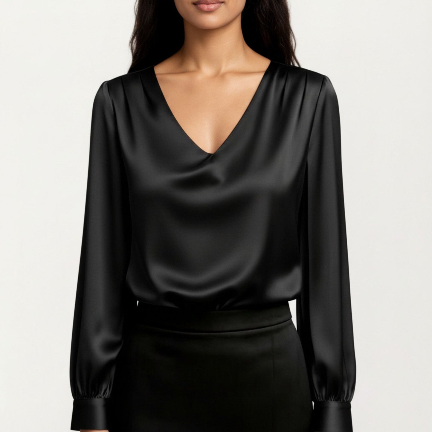 Satin V-Neck Blouse with Long Balloon Sleeves and Wide Cuffs