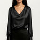 Satin V-Neck Blouse with Long Balloon Sleeves and Wide Cuffs