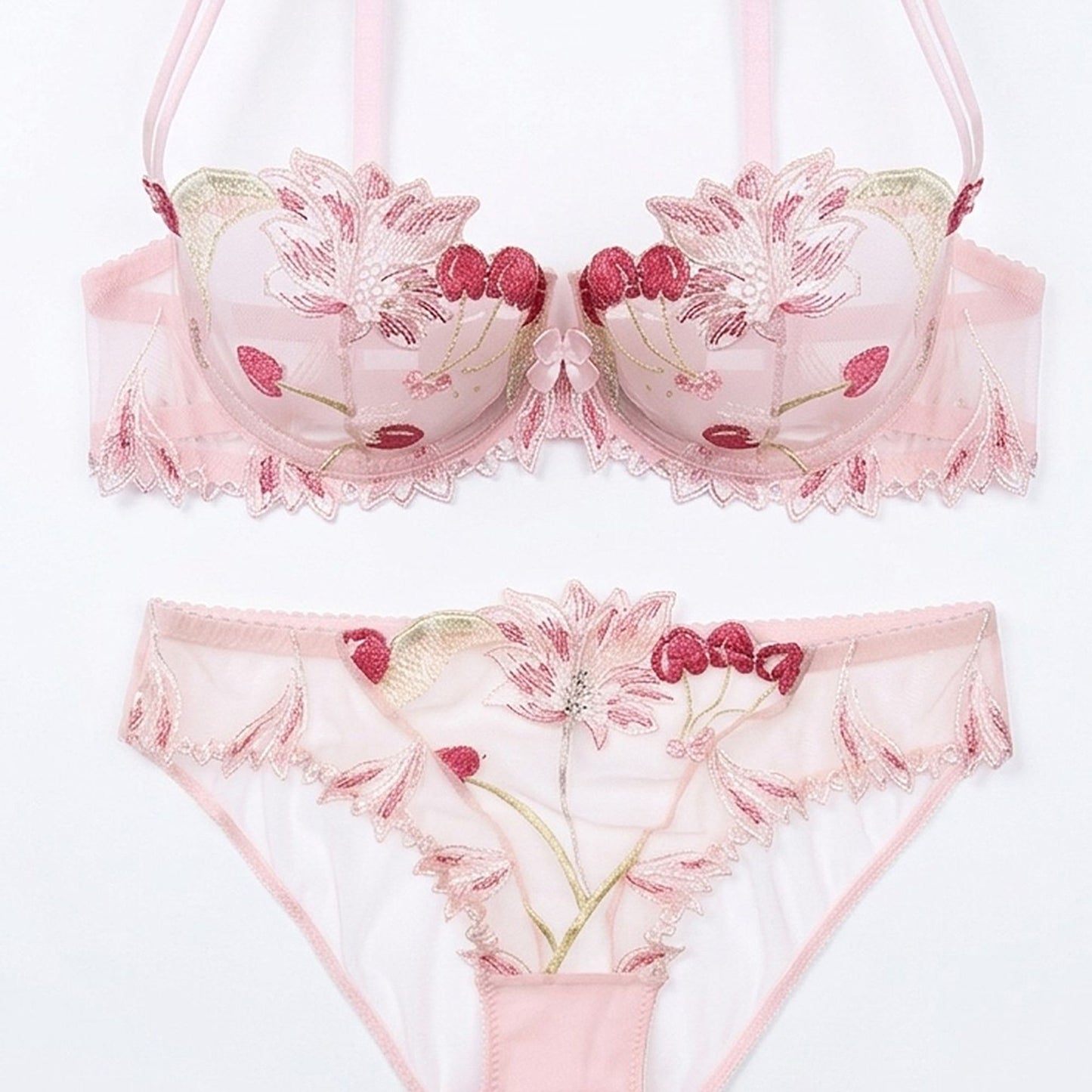Floral Embroidered Sheer Mesh Underwire Bra and Panty Two Piece Lingerie Set