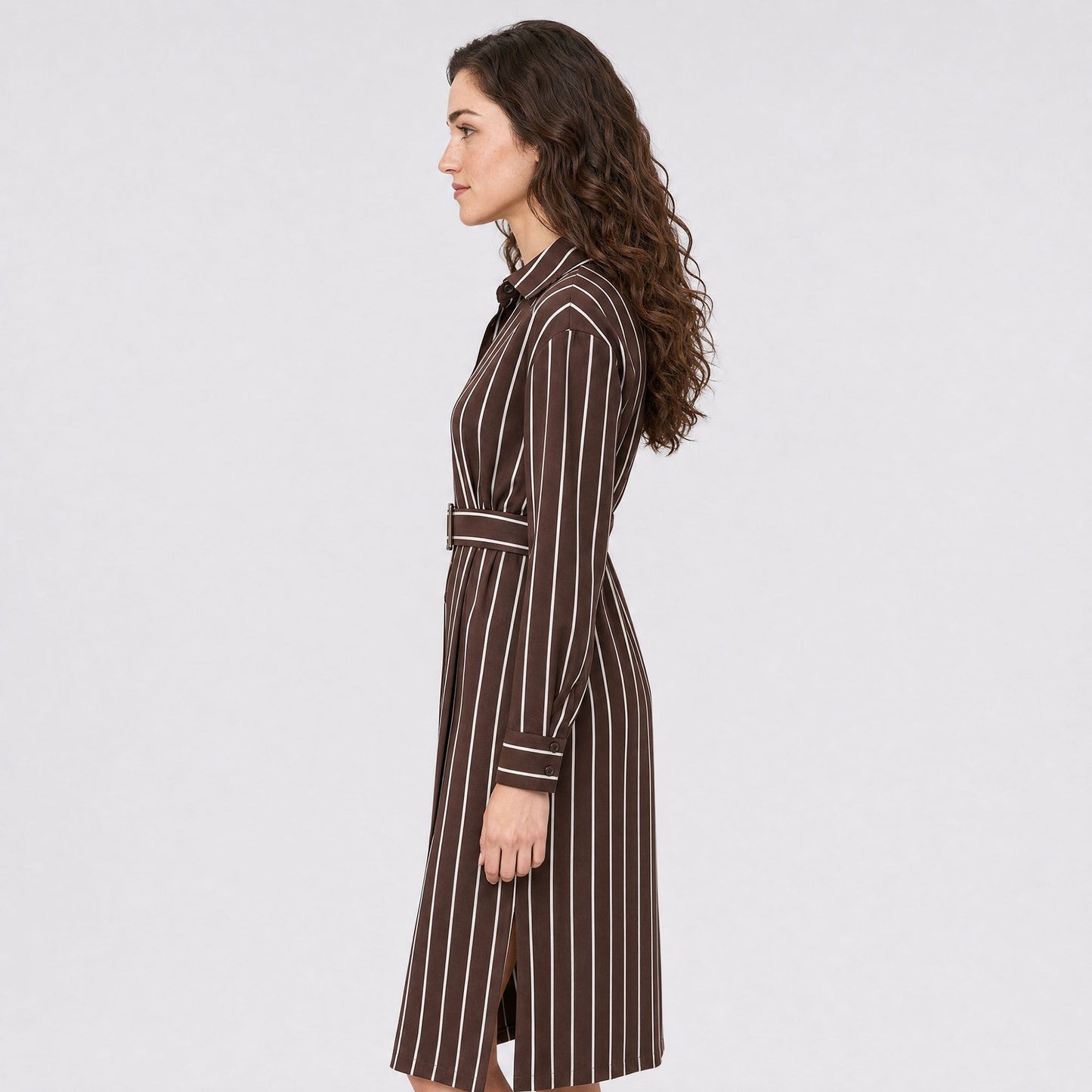 Striped Belted Button Front Long Sleeve Midi Shirt Dress