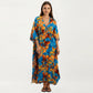 Floral Print Kaftan Maxi Dress with V-Neck Button Front and Flowy Batwing Sleeves