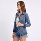 Ruffle Trim Denim Jacket Long Sleeve Button Front Jean Blazer with Collared Neck