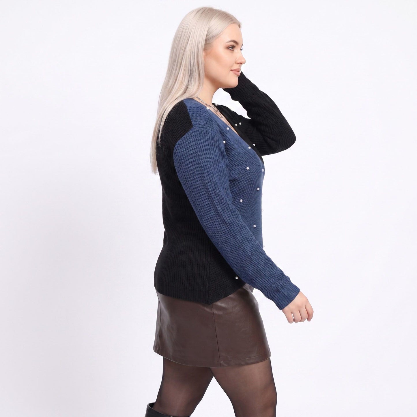 Plus Size Faux Pearl Colorblock Wrap Front Sweater