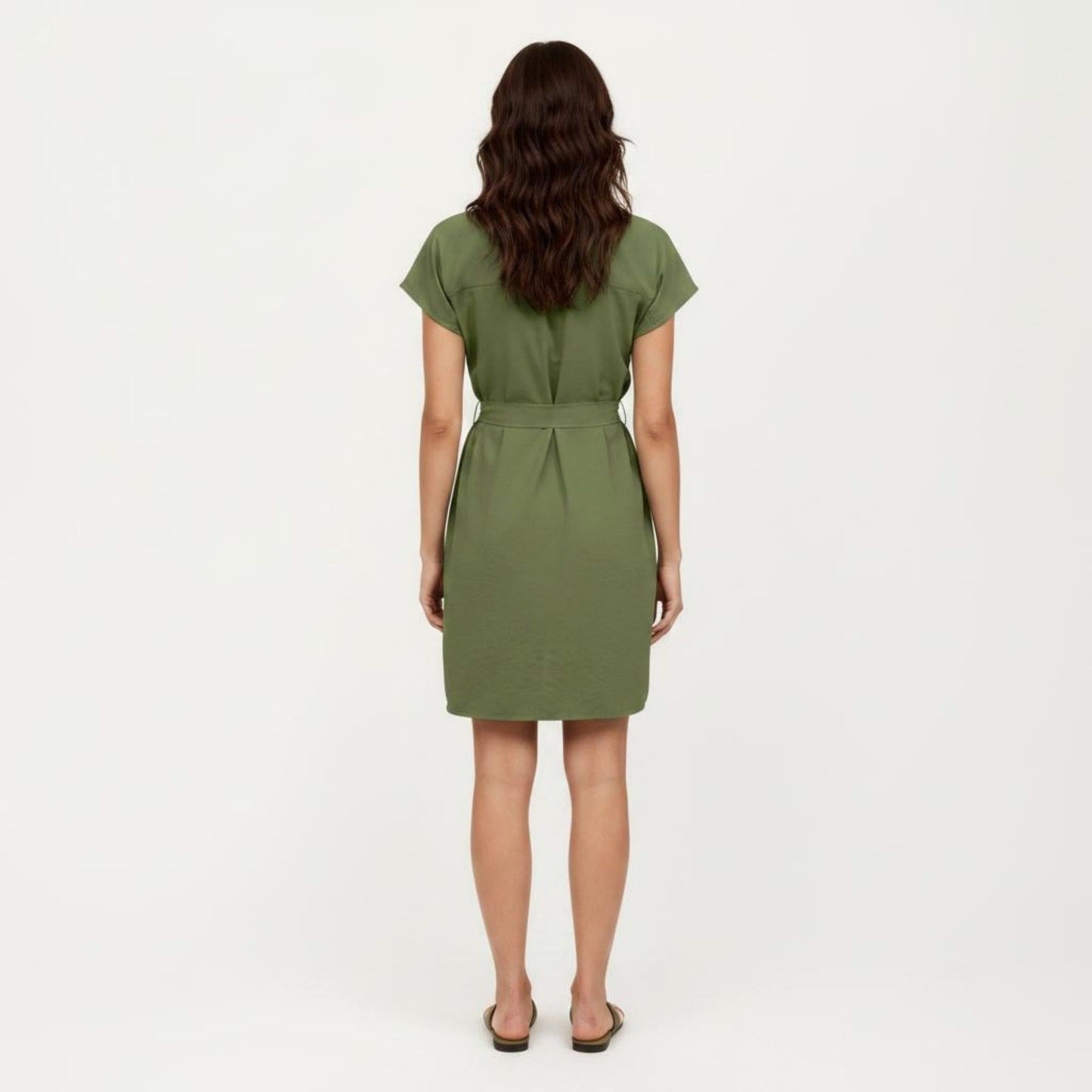 Short Sleeve Button Front Shirt Dress with Collared Neckline and Adjustable Waist Tie