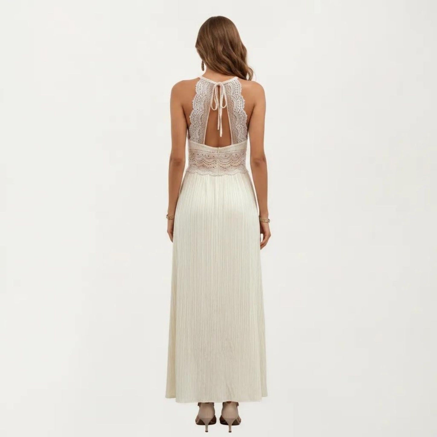 Sleeveless Maxi Dress with Lace Waist Detail Adjustable Straps Flowy Long Skirt Design