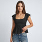 Square Neck Peplum Top with Ruffle Sleeves and Front Tie Detail