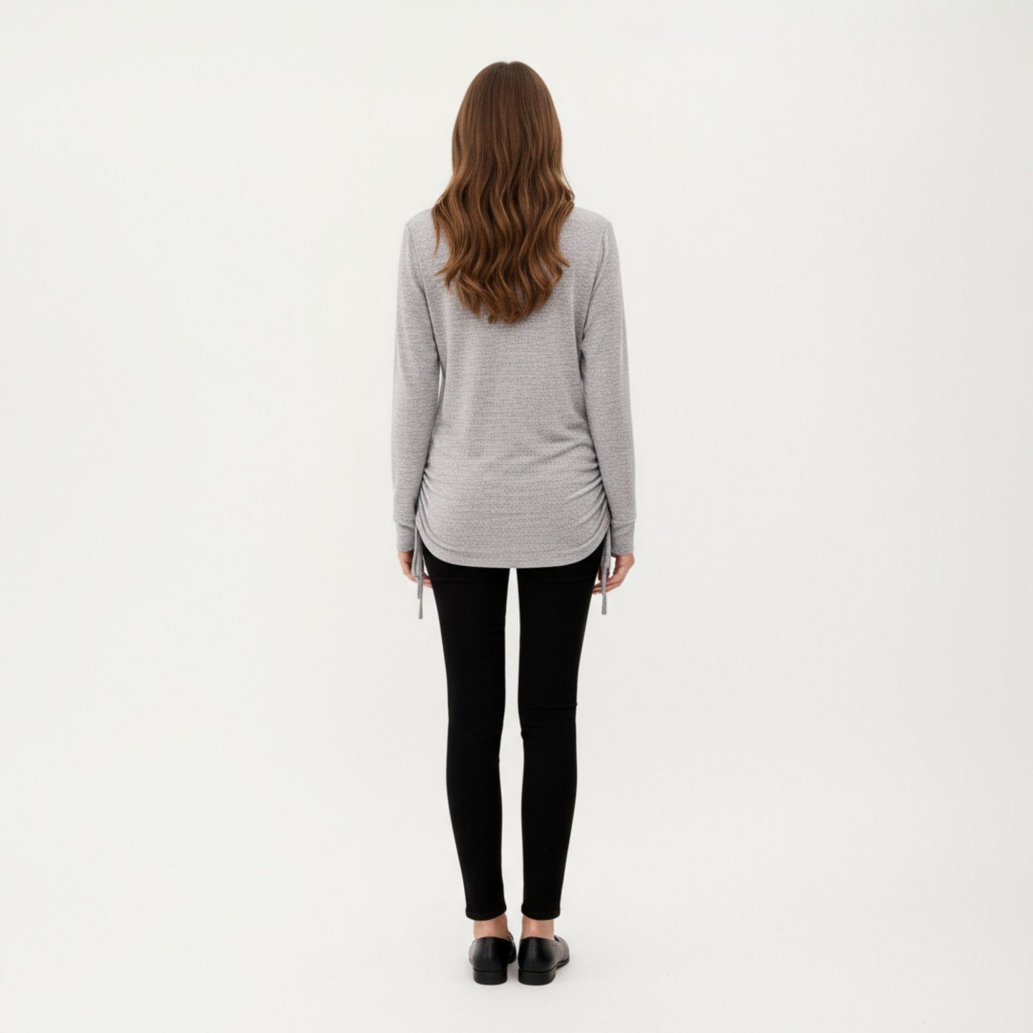 Long Sleeve V-Neck Top with Side Drawstring Ruched Hem
