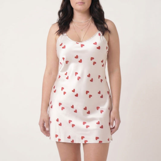 Plus Size Heart Print Satin-Like Cami Nightgown with Slim Straps V-Neckline and Relaxed Mini Fit