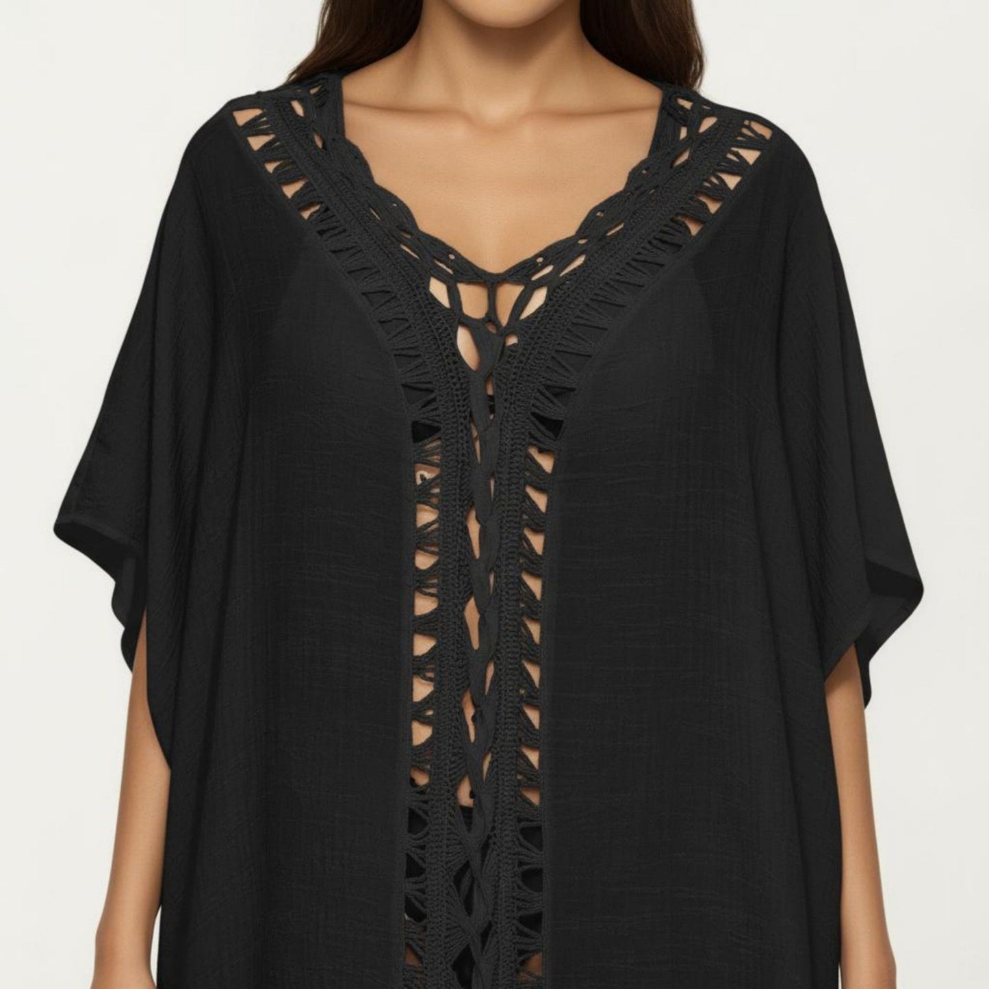 Crochet Trim Swim Cover Up Dress Loose Short Sleeve Lightweight Beach Kaftan