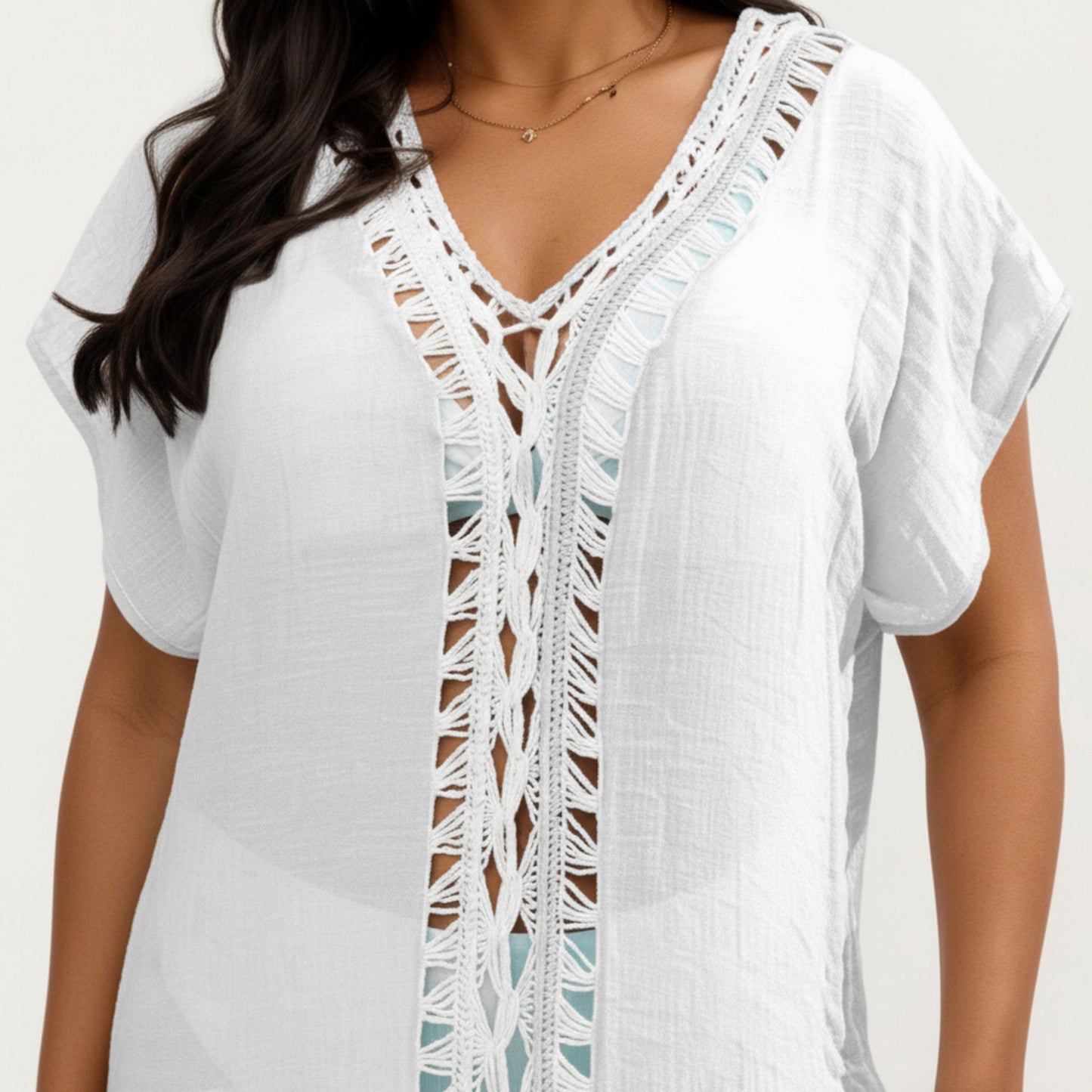 Maxi Swim Cover Up Dress with Crochet Trim V Neck Short Sleeves Relaxed Lightweight Fit