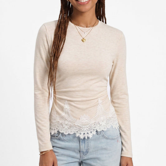 Lace Trim Ruched Long Sleeve Top Crew Neck Fitted Shirt