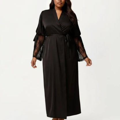 Plus Size Long Satin Robe Lace Sleeve Wrap Nightgown Belted Kimono Sleepwear