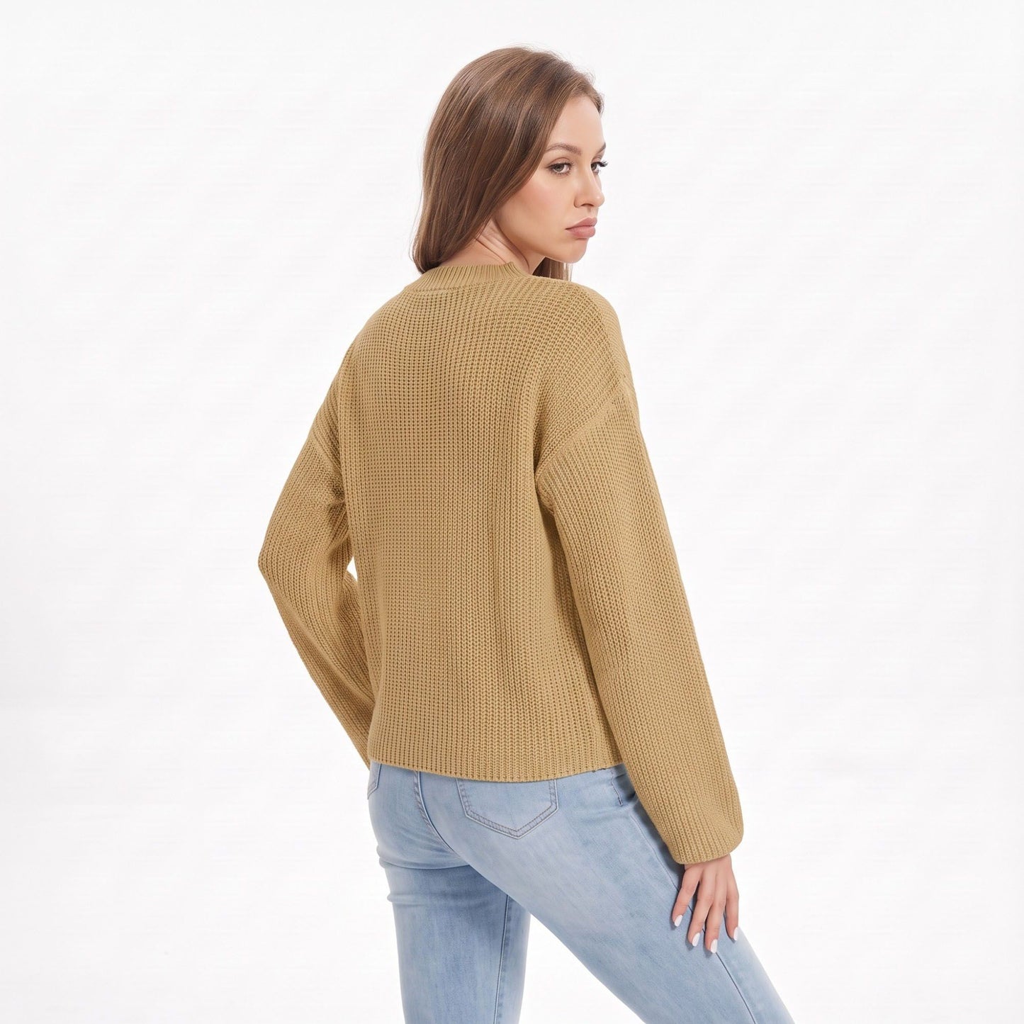 V Neck Textured Knit Pullover Sweater with Long Sleeves