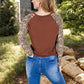 V-Neck Long Sleeve Top with Leopard Print Raglan Sleeves