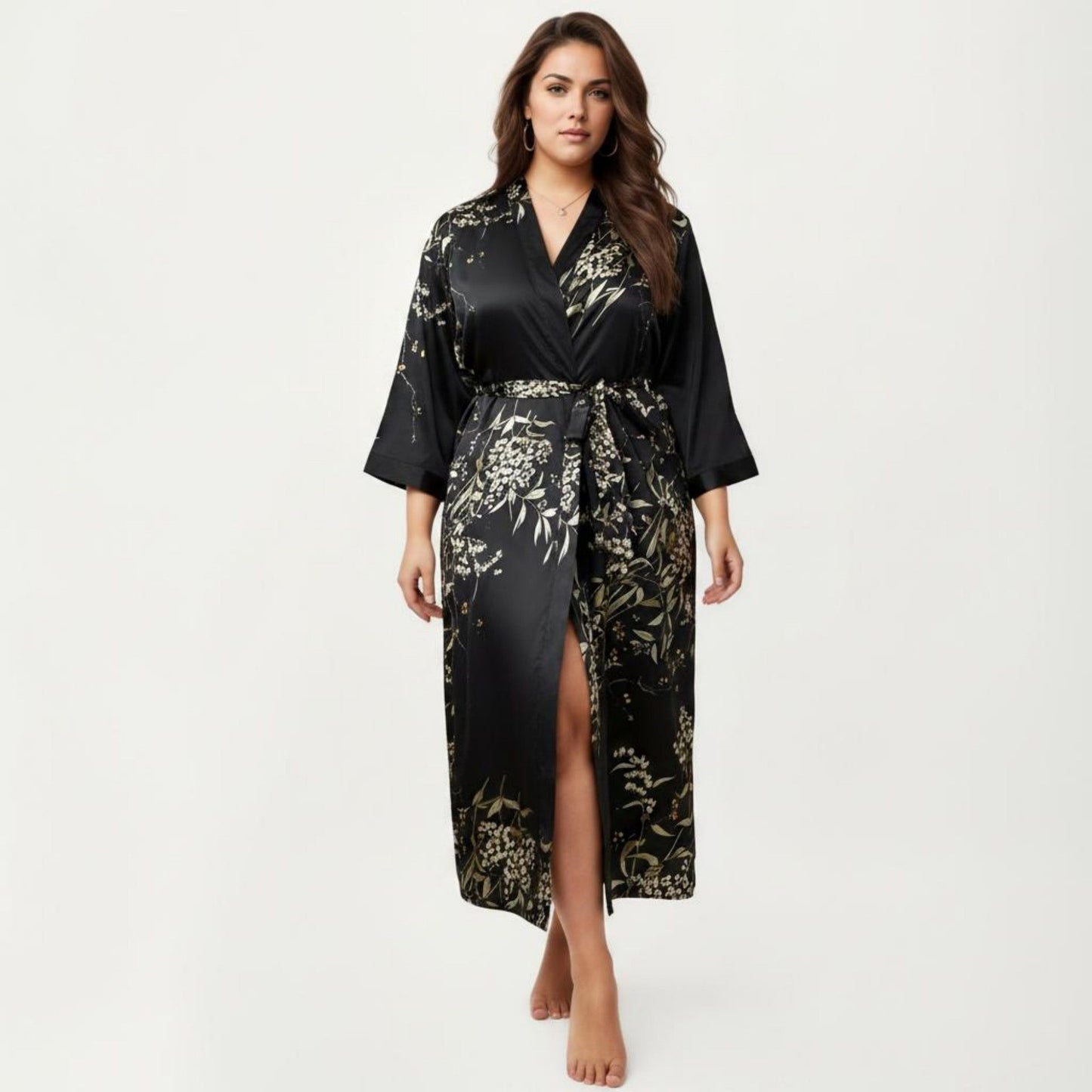 Plus Size Satin Floral Kimono Robe with Self Tie Belt Longline Open Front Lightweight Sleepwear