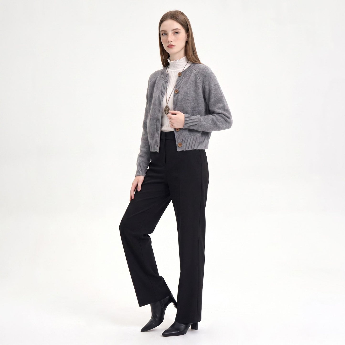 Cropped Crewneck Button-Front Cardigan Sweater
