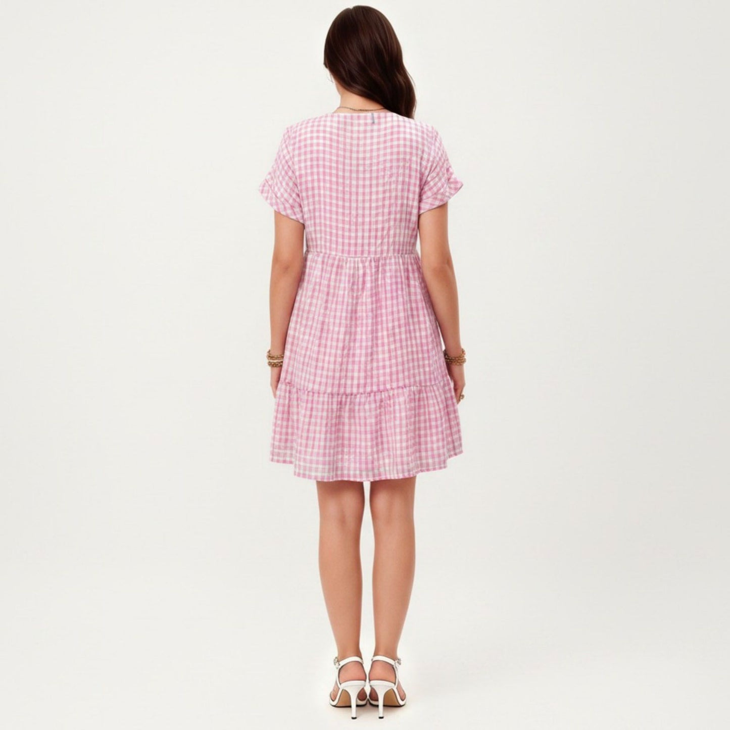 Short Sleeve V Neck Plaid Mini Dress with Tiered Hem Loose Fit Casual Lightweight Summer Dress
