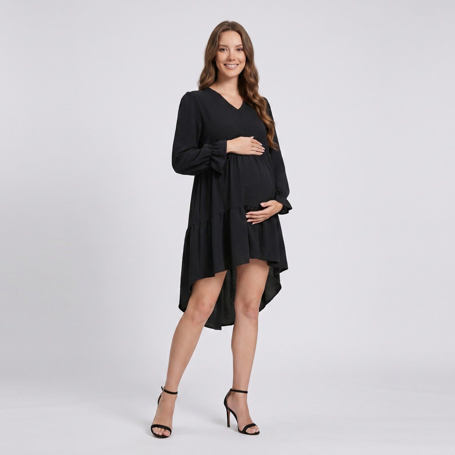 Maternity V Neck High Low Mini Dress with Long Sleeves and Tiered Hem