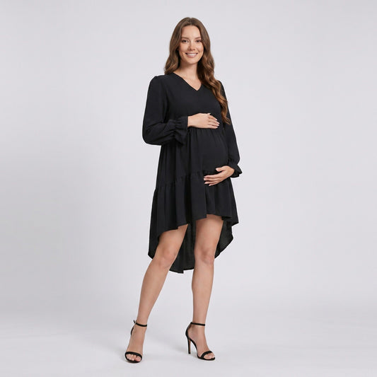 Maternity V Neck High Low Mini Dress with Long Sleeves and Tiered Hem