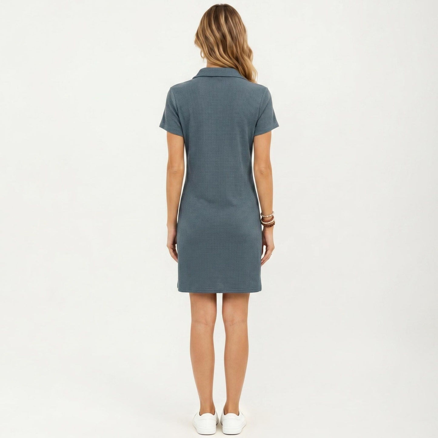 Short Sleeve Collared Mini Dress with Split V Neck Textured Knit Relaxed Fit Casual Dress