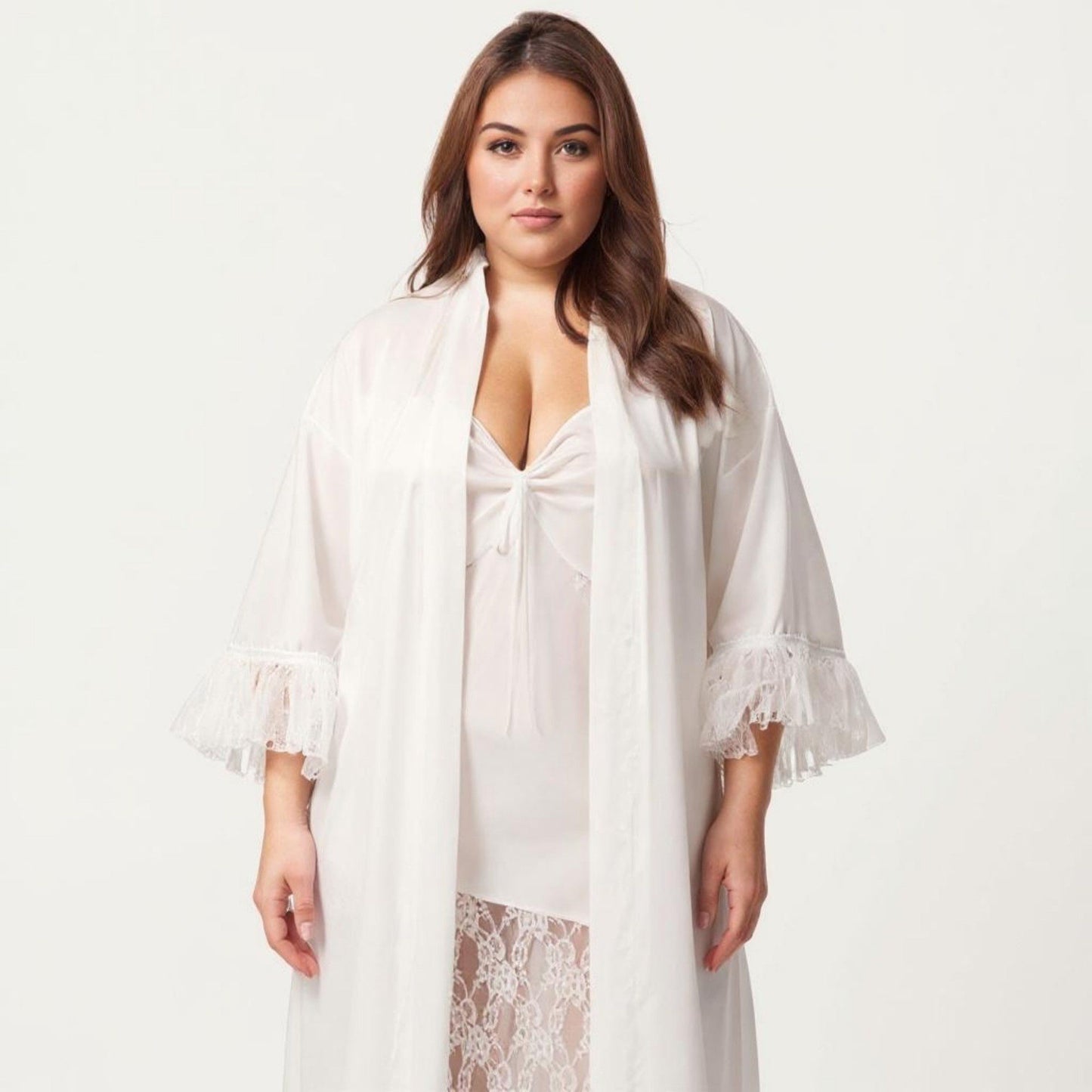 Plus Size Long Sheer Lace Panel Robe Open Front Lightweight Sleepwear