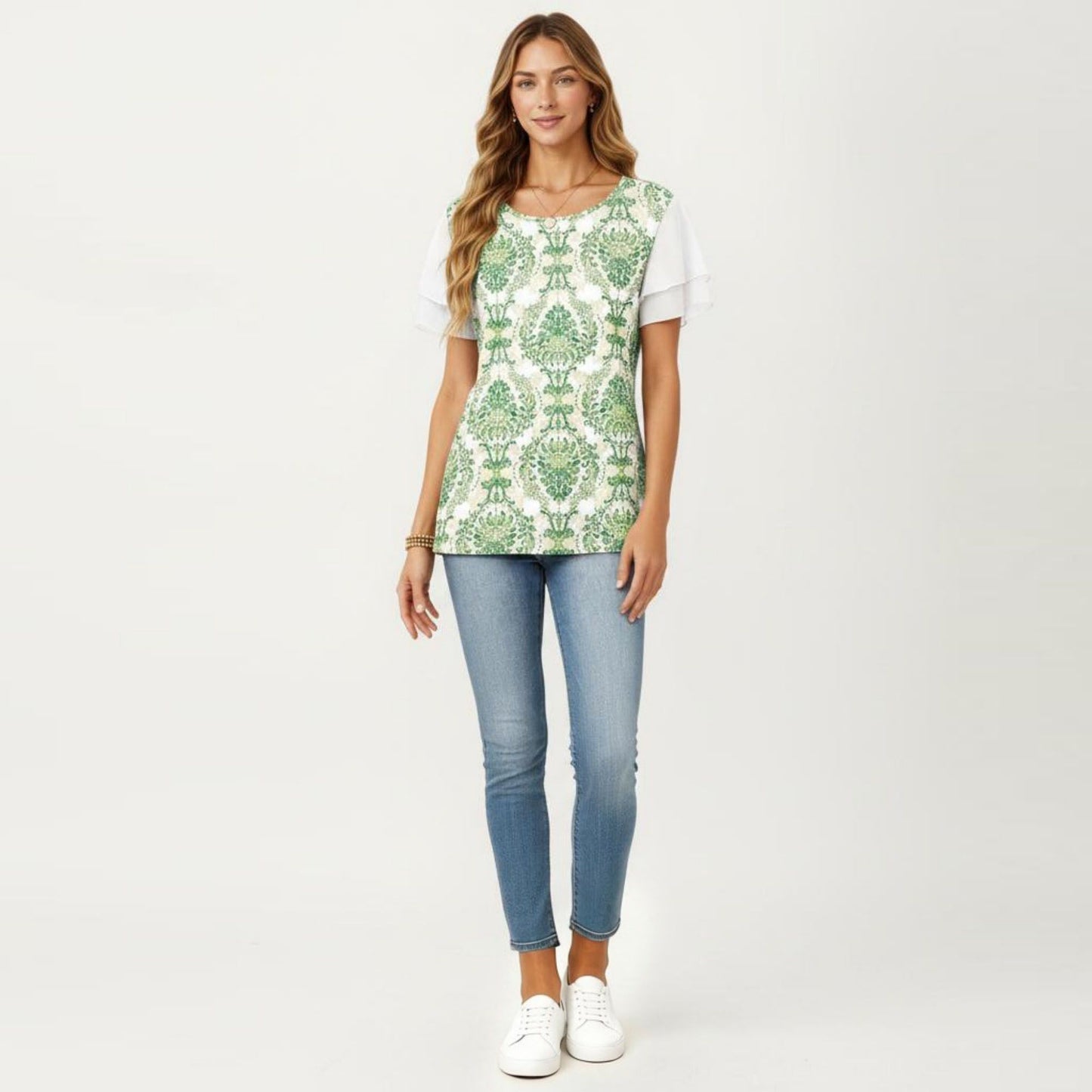 Short Sleeve Top with Leopard Print Mesh Sleeves Round Neck Relaxed Fit Casual Shirt