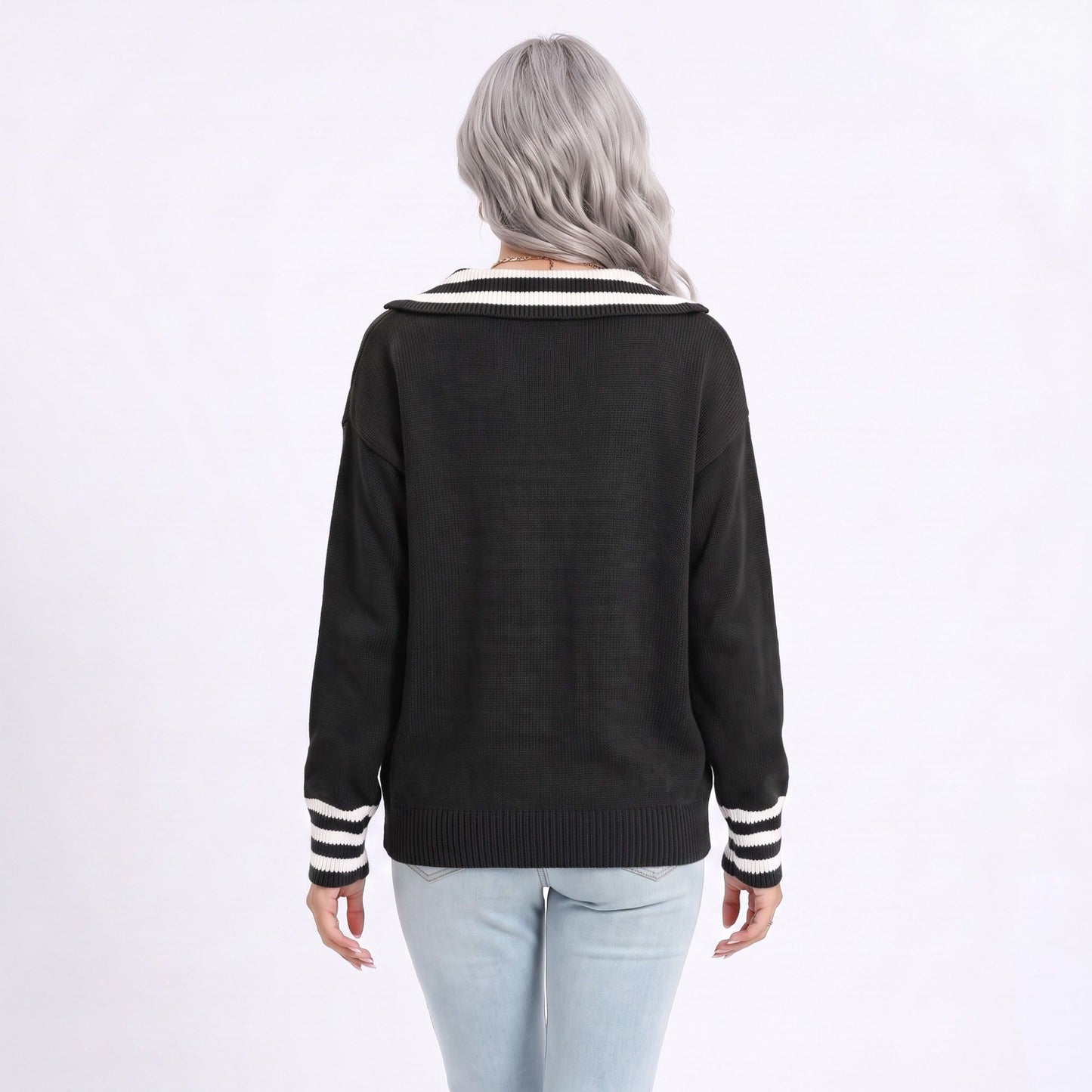Long Sleeve Collared V Neck Knit Pullover Sweater
