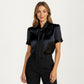 Satin Bow Neck Blouse with Short Sleeves and Smooth Draped Finish