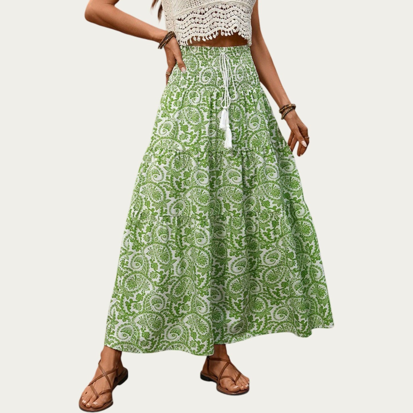 High Waist Tiered Maxi Skirt with Paisley Print Drawstring Waist Tassel Tie Flowy A-Line Fit