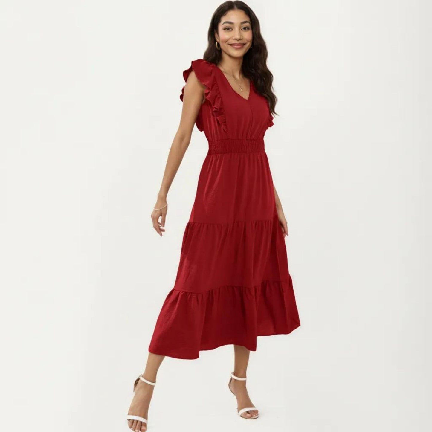 Tiered Midi Dress with Ruffle Sleeves and Smocked Waist