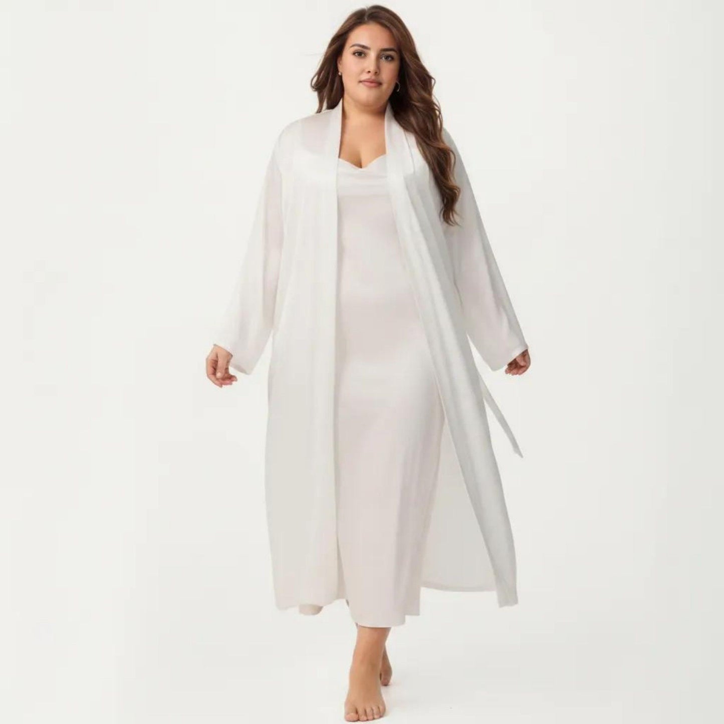 Plus Size 2-Piece Satin Nightgown Set with Long Sleeve Open Front Robe Sleeveless Slip Dress Sleepwear