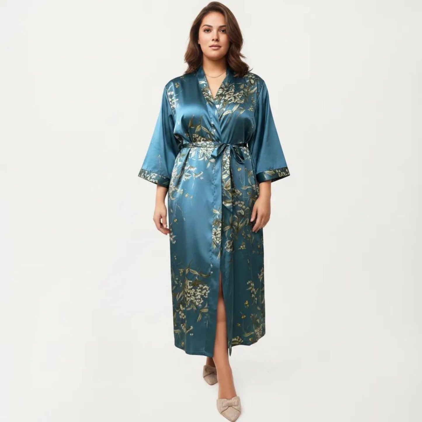 Plus Size Satin Floral Kimono Robe with Self Tie Belt Longline Open Front Lightweight Sleepwear