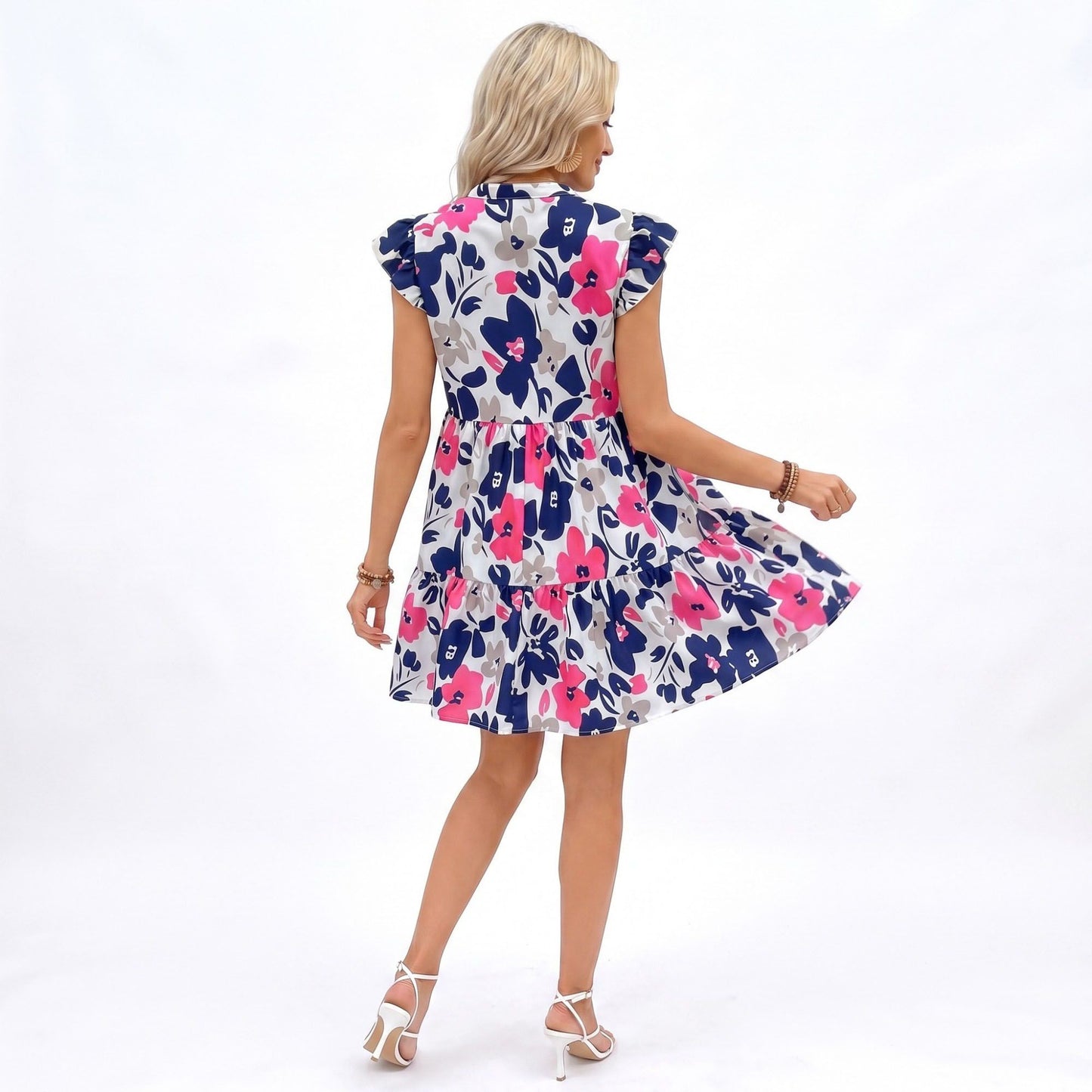 Floral Print Ruffle Sleeve Tiered Mini Dress