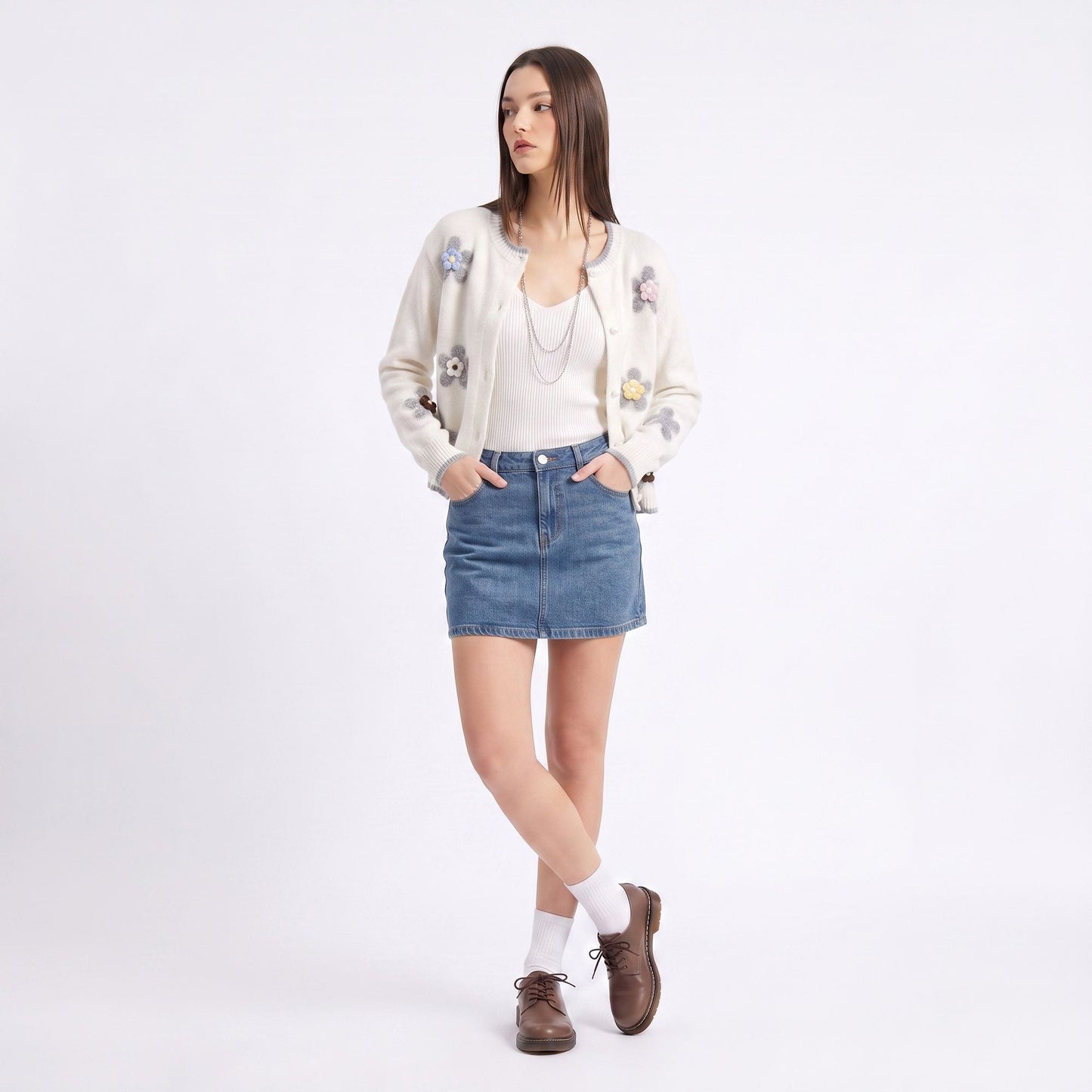 3D Floral Pearl Button Fuzzy Knit Cardigan Sweater