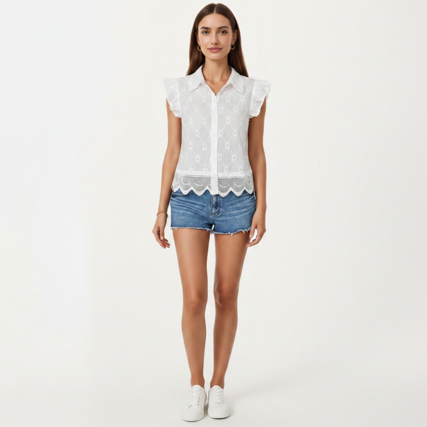 Sleeveless Button Front Eyelet Top with Ruffle Shoulders and Scalloped Hem
