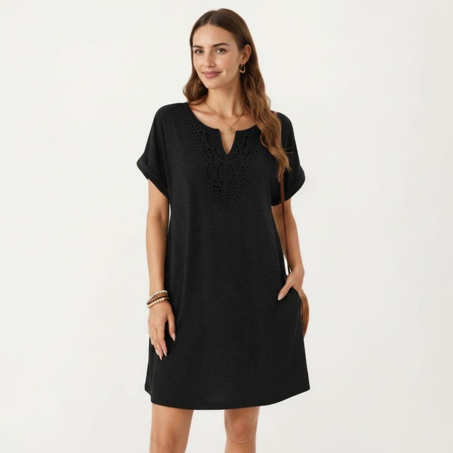 Short Sleeve Shift Dress with Split V Neck Embroidered Detail Relaxed Fit Casual Tunic Dress