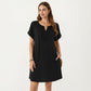 Short Sleeve Shift Dress with Split V Neck Embroidered Detail Relaxed Fit Casual Tunic Dress