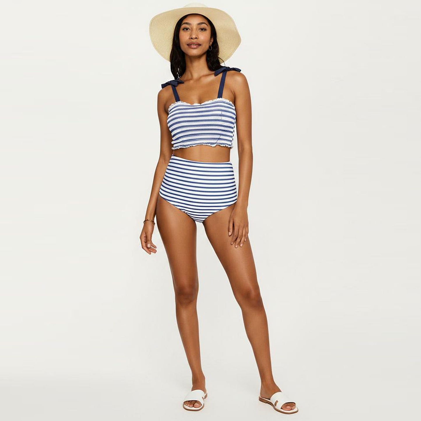 Maternity Striped Smocked Bikini Set with Tie-Shoulder Top and High-Waisted Bottom