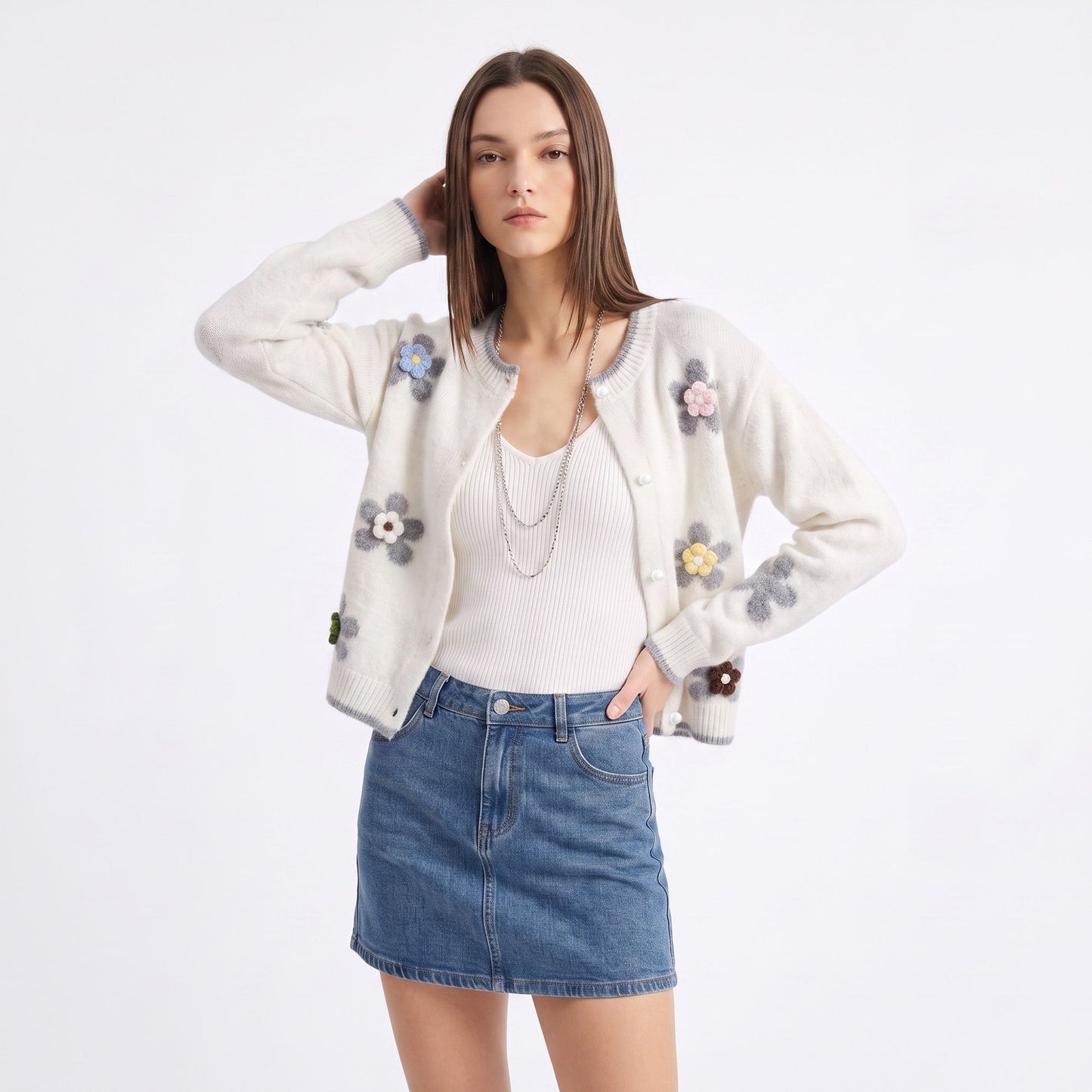 3D Floral Pearl Button Fuzzy Knit Cardigan Sweater