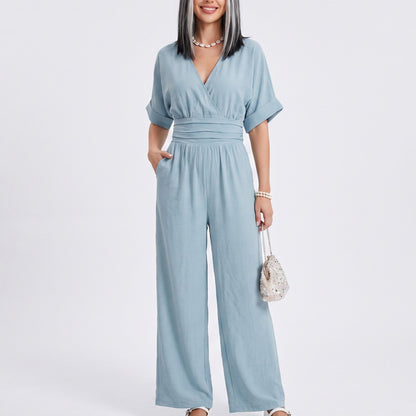 Surplice Jumpsuit Short Sleeve Wide Leg Tie Waist One Piece