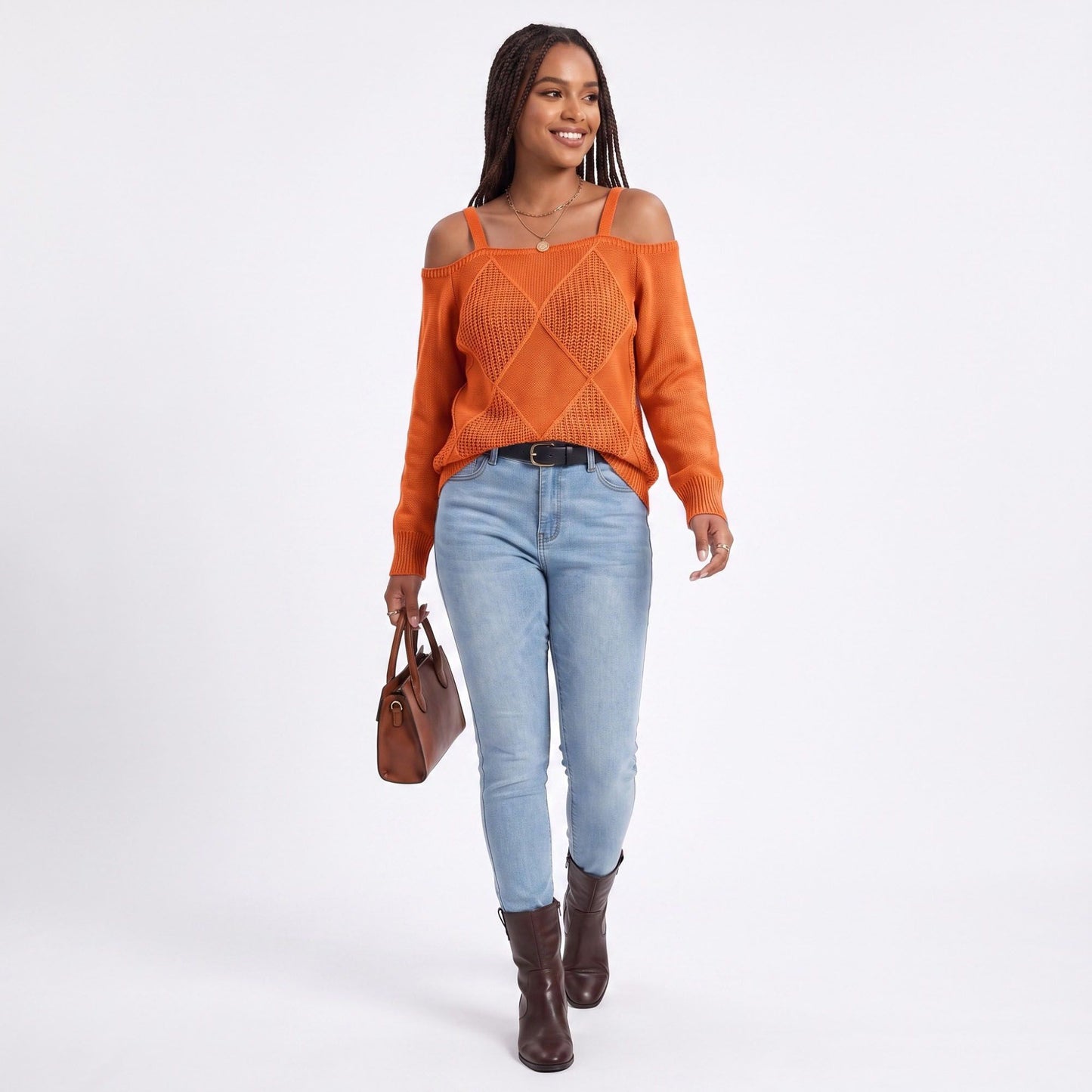 Cold Shoulder Strap Argyle Textured Long Sleeve Knit Sweater