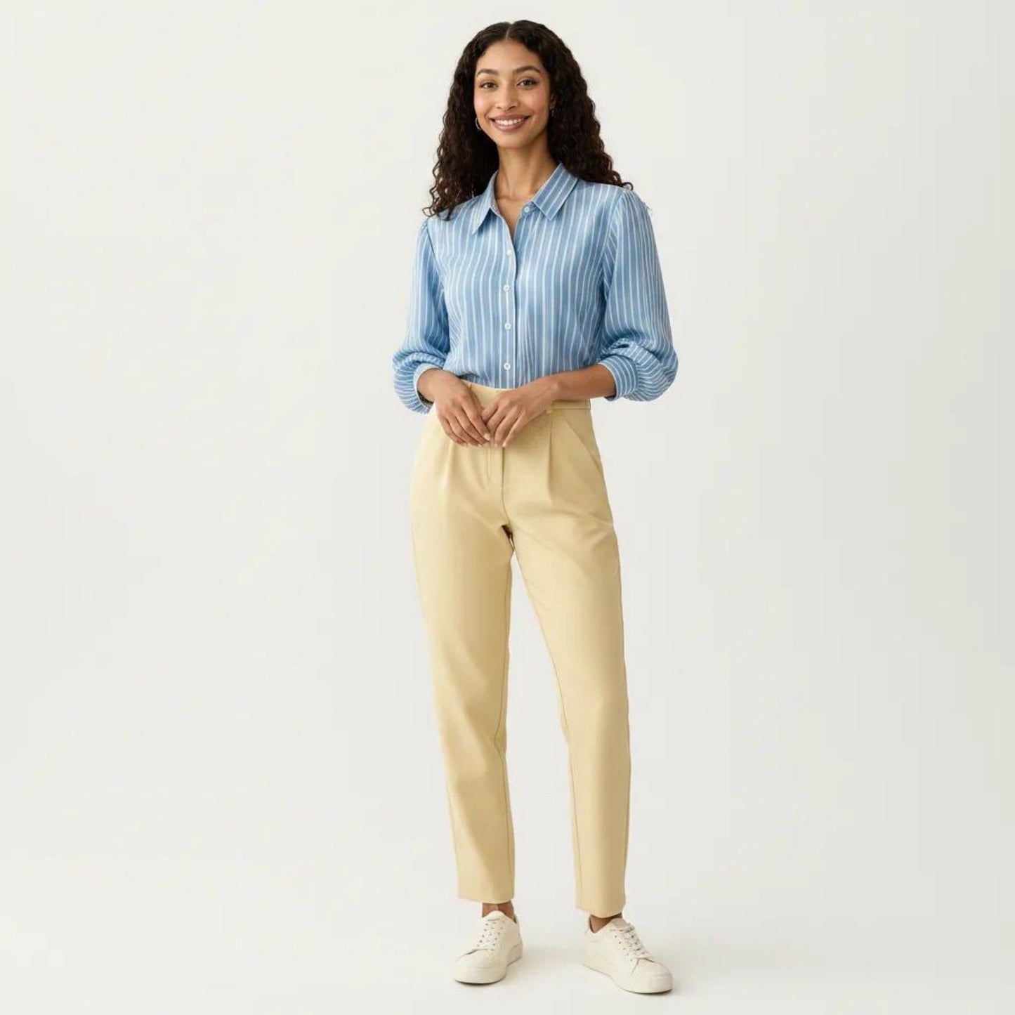 Striped Button Down Blouse with Collared Neckline and Puff Sleeves