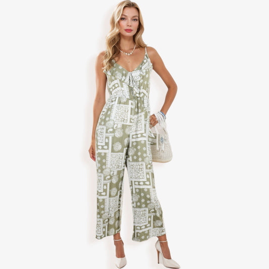 Sleeveless Printed Jumpsuit with V-Neck and Ruffle Details