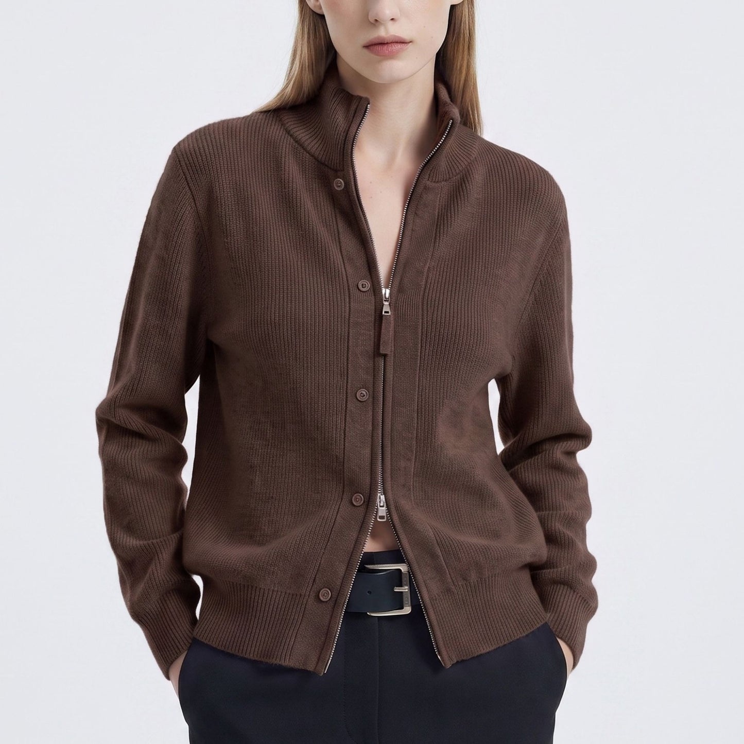 Mock Neck Zip-Front Knit Cardigan Sweater