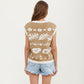 Sleeveless Floral Knit Vest Top with Crew Neck and Contrast Trim
