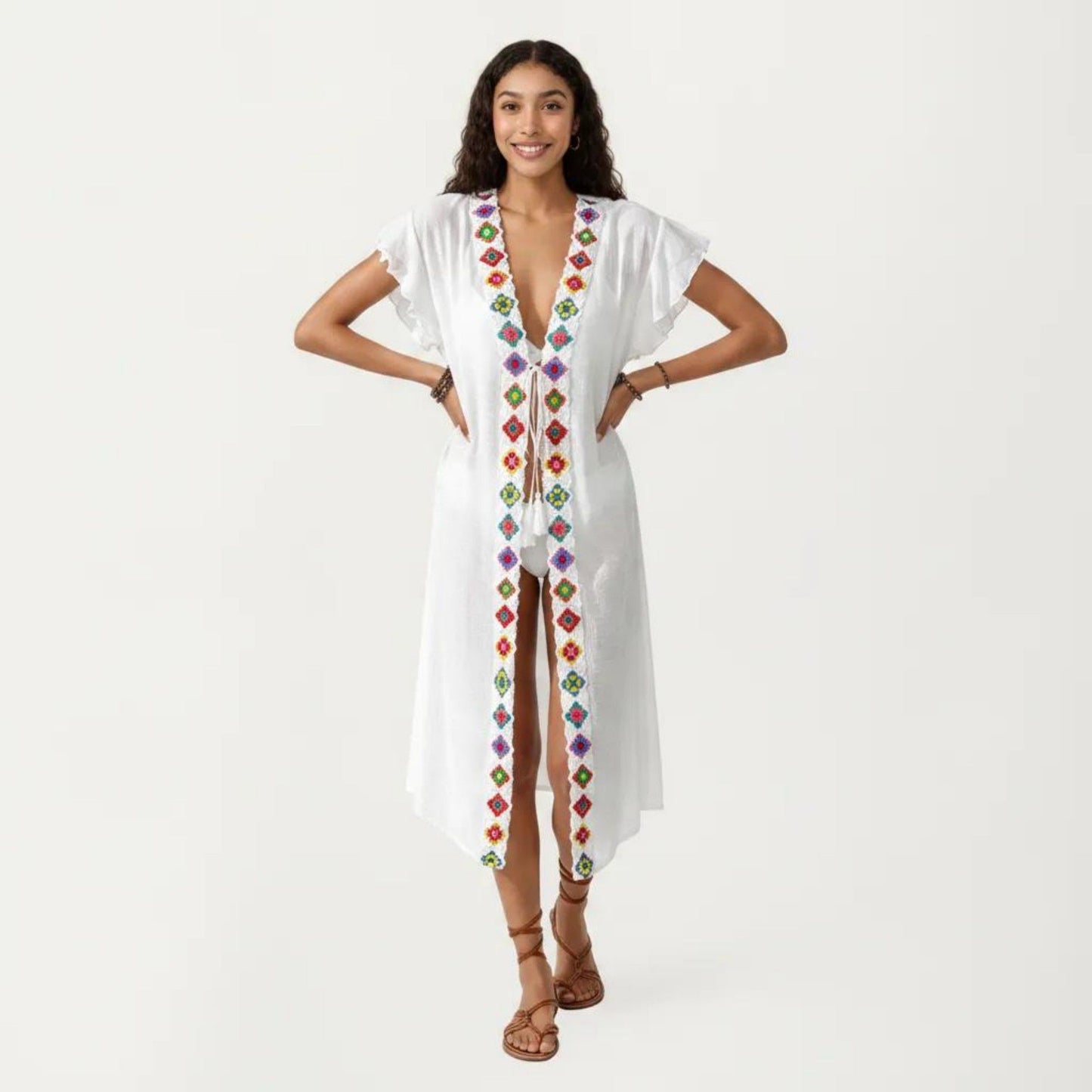Embroidered Open Front Swim Cover Up Kimono Midi Beach Cardigan with Tassel Tie Detail