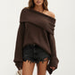 Off-Shoulder Ribbed Knit Sweater Top with Foldover Neckline and Soft Relaxed Fit for a Chic Textured Look