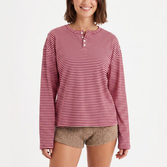 Striped Henley Drop Shoulder Long Sleeve Top